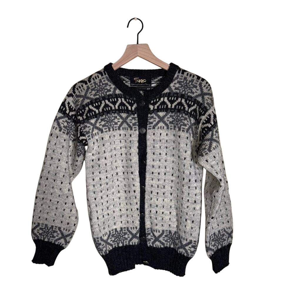 VINTAGE FIGGJO wool large knit eclectic grandpa Nordic cardigan M